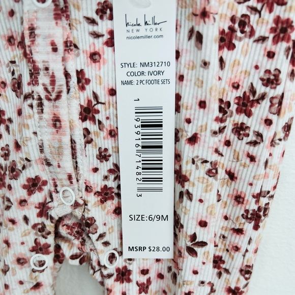 NEW Nicole Miller 2 Piece Ivory Floral Footie Set with Har Size 6/9 Months NWT - Picture 5 of 8